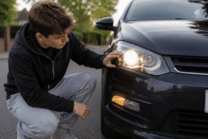 Young man checking headlights