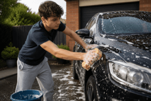 Young man washing a car.