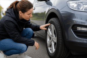 Young woman checking tyres