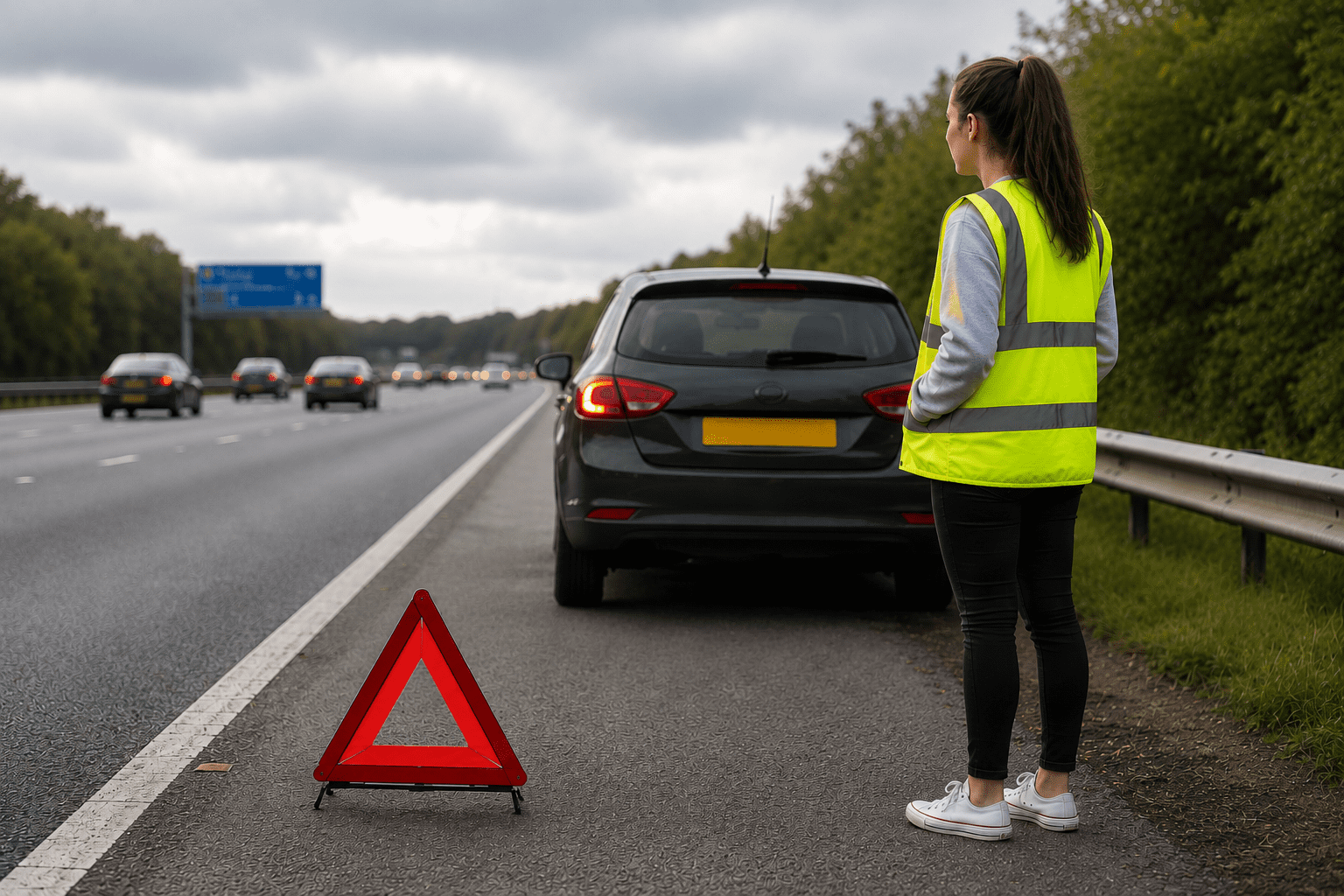Young woman standing by warning triangle on side of road