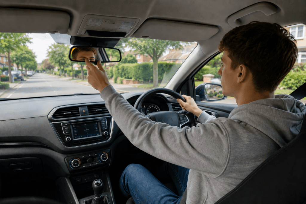 Young driver adjusting mirror