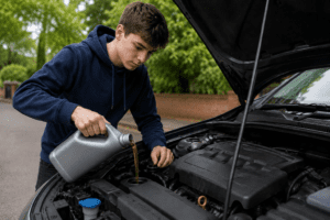 Young man topping up oil