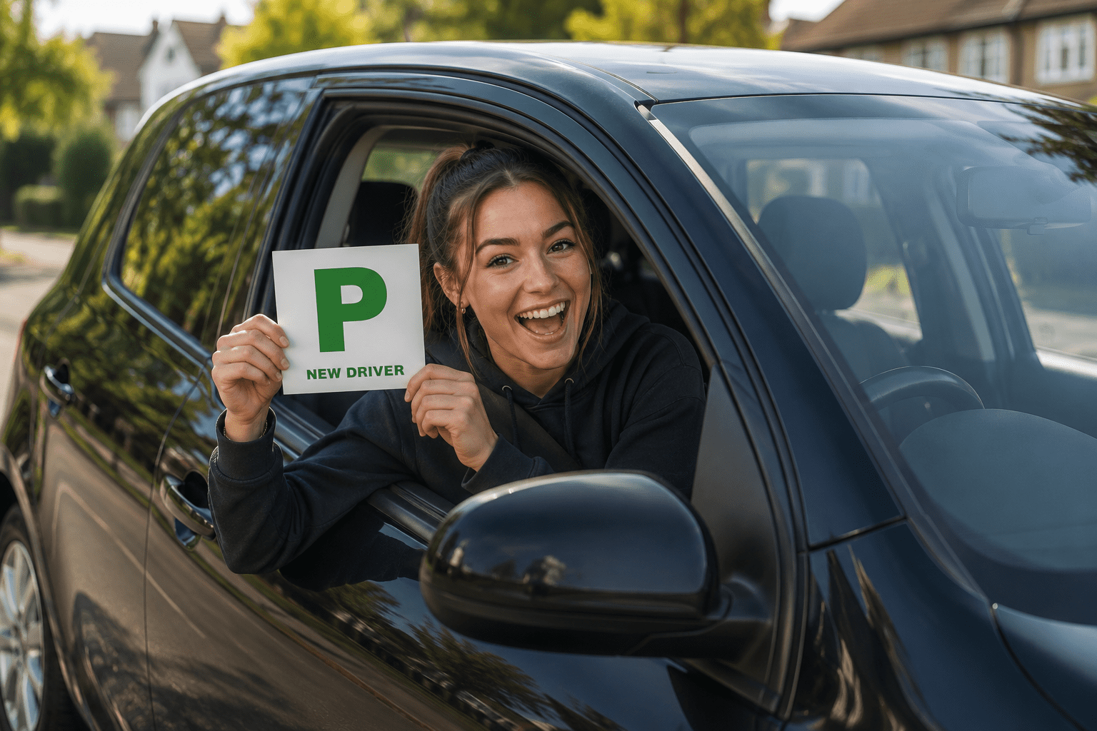 Young woman holding a P plate