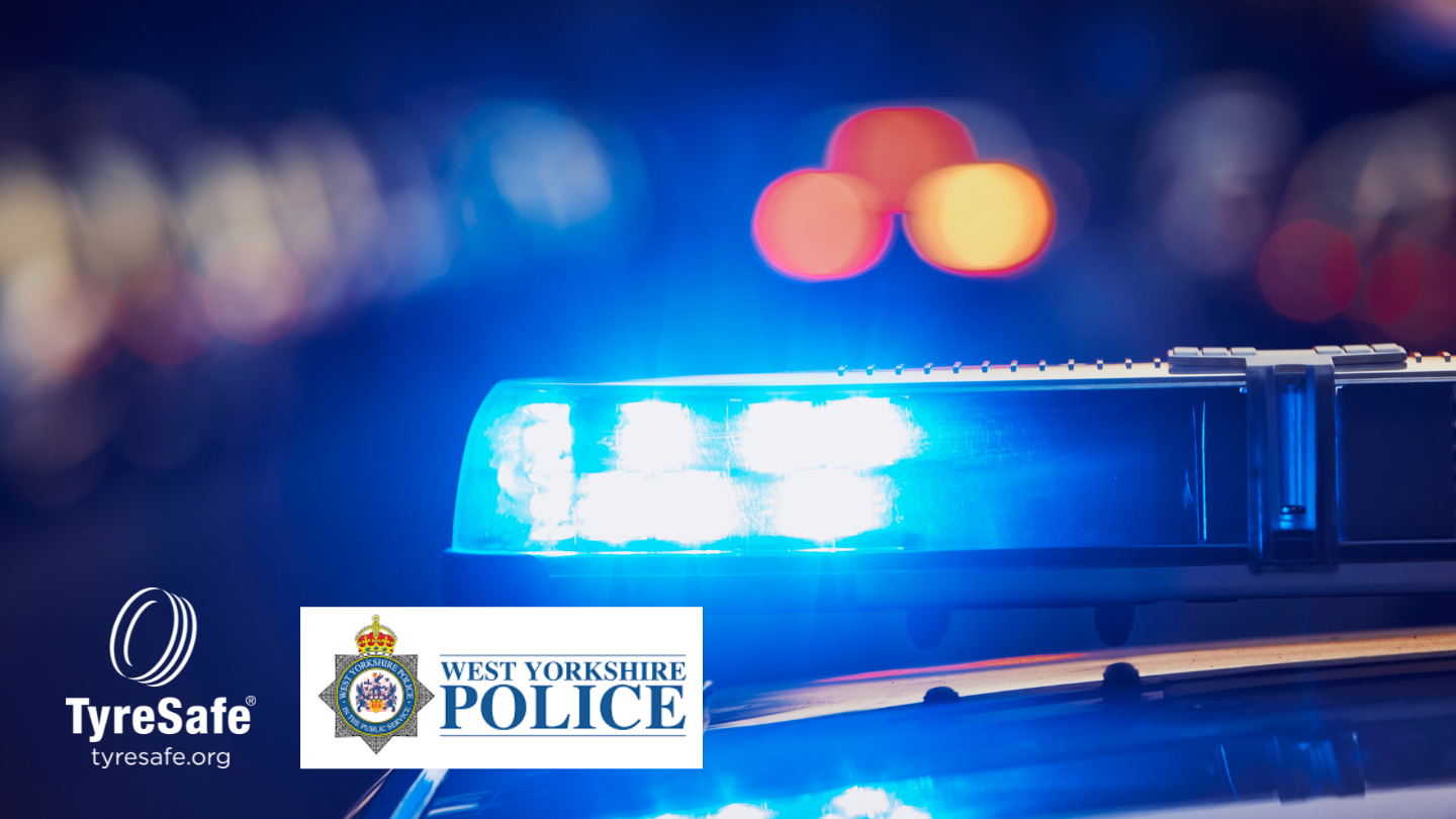 Blue police lights with the TyreSafe and West Yorkshire Police logos