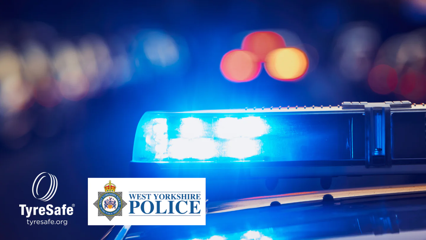Blue police lights with the TyreSafe and West Yorkshire Police logos